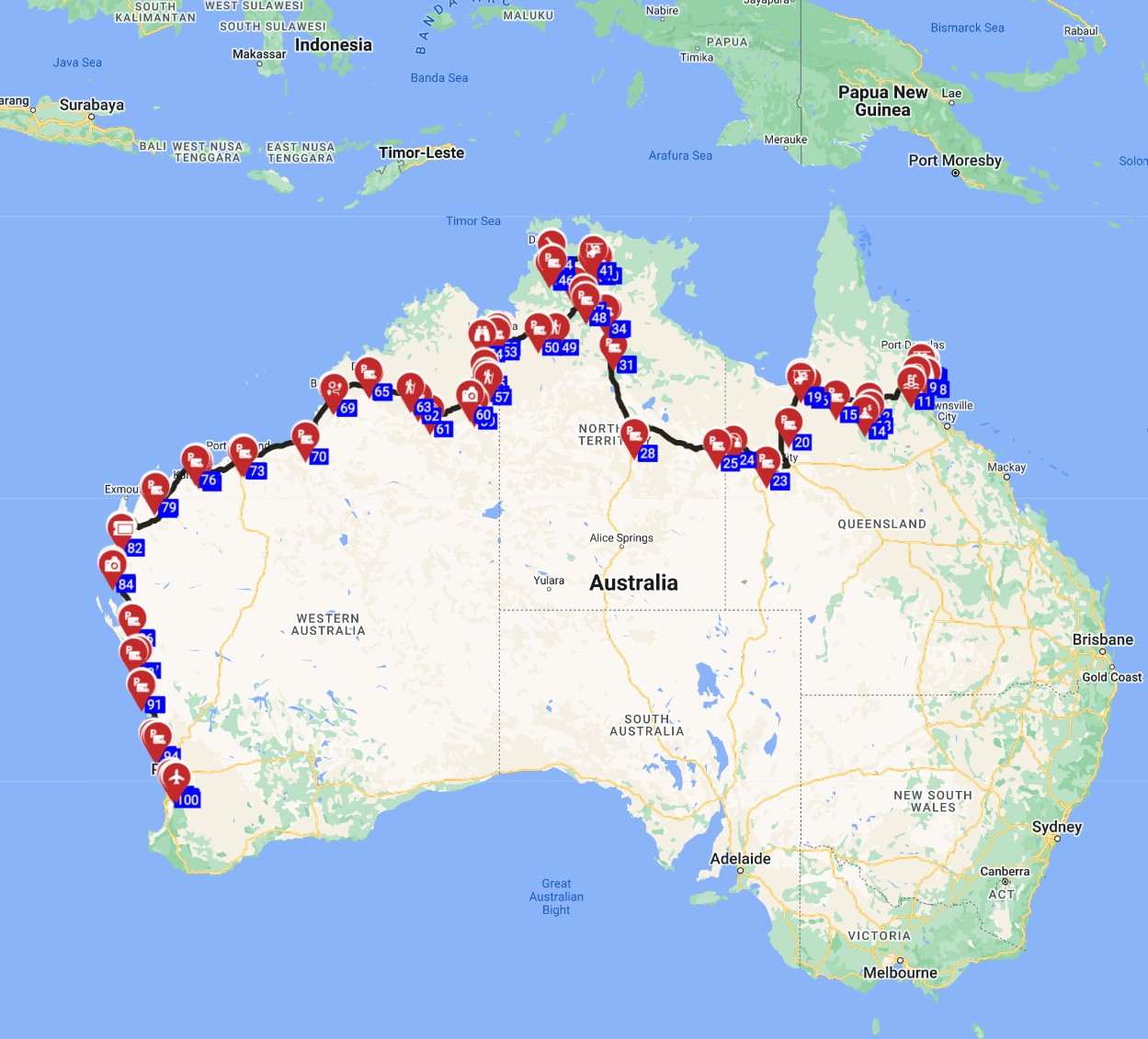 Map for Cairns to Perth - The Great Aussie Cross-Country